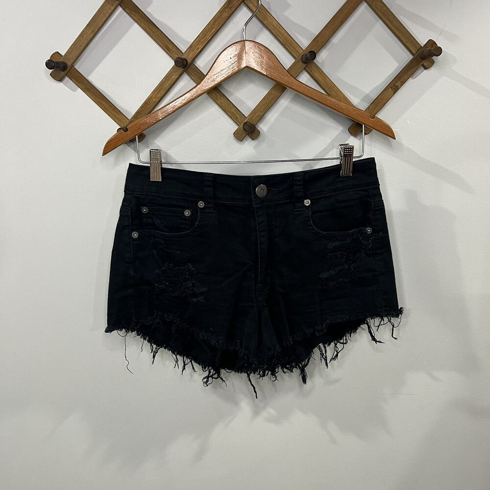 American Eagle Mom Shorts SZ 8 Denim Distressed Black Jean High Rise Stretch